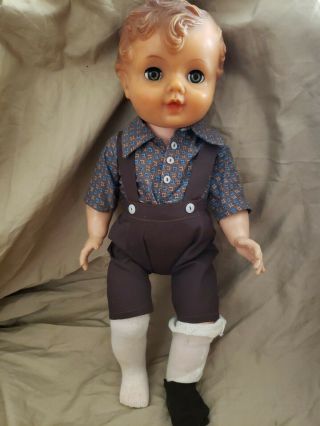 16 " Vintage 1950s ? Horsman Vinyl Baby Boy Doll Molded Hair Clothes