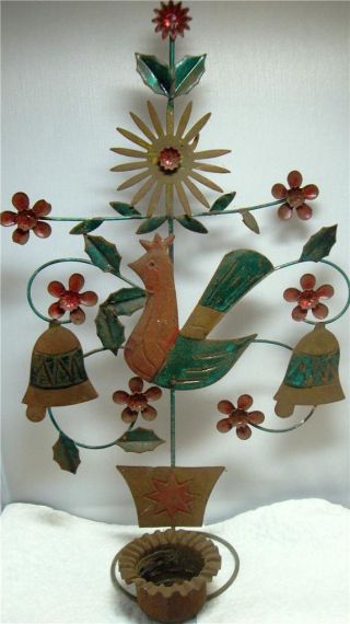 Primative Folk Art Rooster Bells Candle Holder Sconce Wall Hanging Tin Iron