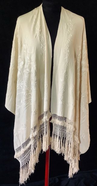 Antique Embroidered Ivory Silk Piano Scarf Shawl W 8.  5” Double Fringe