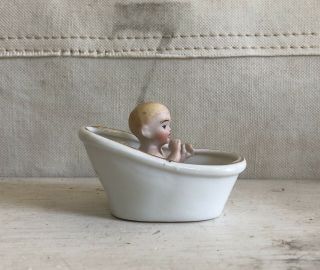 Sweet Antique Miniature German Bisque Baby Doll In Porcelain Bathtub