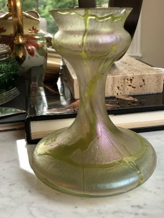 Antique Art Nouveau Loetz Austria Crete Pampas Vase Trailed Green Iridescent