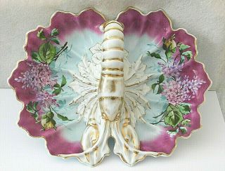 Antique Joseph Schachtel Lobster Gilt Handle Lg Porcelain Serving Dish - Germany