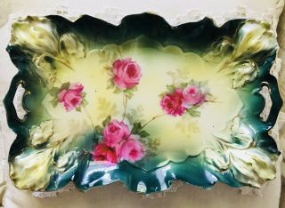 Antique R.  S.  Prussia Exquisite Fabulous Rose Floral Flowers Handled Vanity Tray