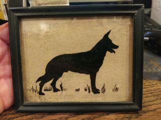 Rare Antique Reverse Painted On Glass Silhouette Of A German Shepherd