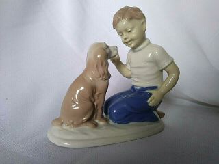 Vintage Carl Schneider Germany Porcelain Boy Spaniel Dog Figurine Scissor Mark
