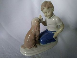 Vintage Carl Schneider Germany Porcelain Boy Spaniel Dog Figurine Scissor Mark 2