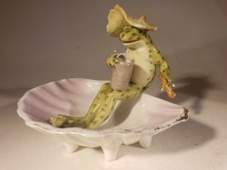 Antique German Porcelain Frog Dish With Stein And Cigar 1900