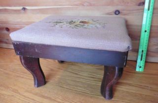 Foot Stool Ottoman Floral Needlepoint Upholstery Vintage Wooden Leg Antique Pouf