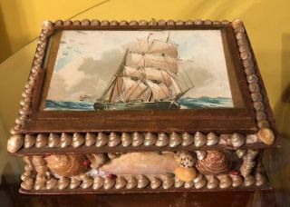 Antique Made In England Writing Box Seashells And Glass Clipper Ship