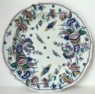 Large Antique French Gien Faience Pottery Plate / Charger,  Cornucopia Birds,  Af