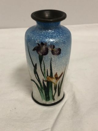 Japanese Ginbari Cloisonne Vase,  Miniature Iris Flowers Blue 1900s