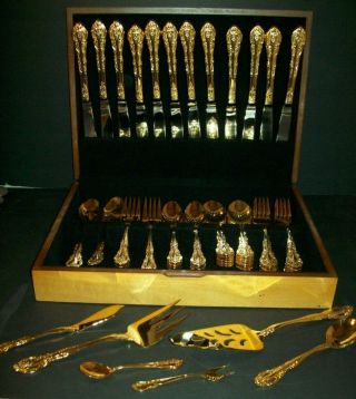 1847 Rogers Bros.  Antique Baroque Gold Plated Flatware 65 Pc.  Set