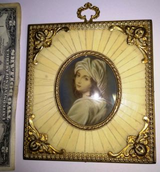Antique Miniature Painting Of A Girl Lady Portrait Bronze Frame Hand Painted