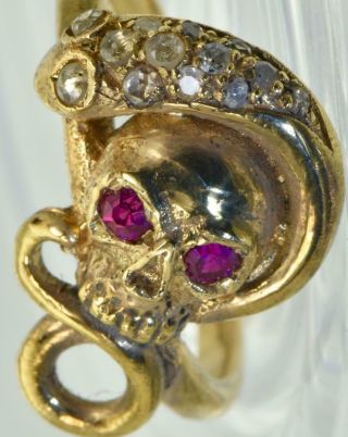 Museum Antique Georgian Memento Mori Skull&snake 18k Gold&diamonds Ring