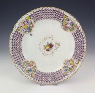 Antique Meissen Dresden Porcelain Hand Painted Flower & Fruit Pierced Plate