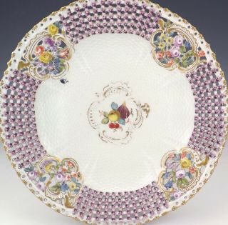 Antique Meissen Dresden Porcelain Hand Painted Flower & Fruit Pierced Plate 2