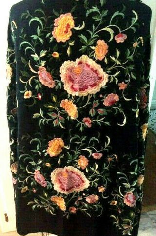 Antique Exquisite Detailed Bright Floral Embroidery Silk Piano Scarf Shawl 49 "