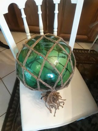 Large Antique Glass Japanese Fishing Float With Rope Netting Green