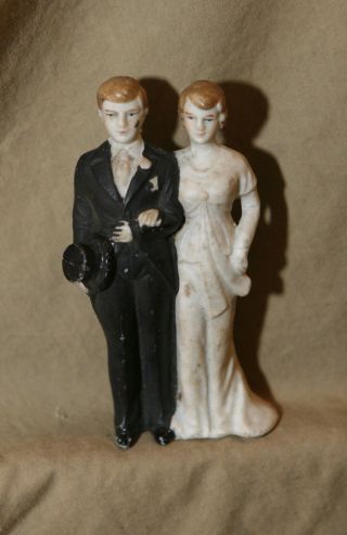Vintage 4 " Hand Painted Porcelain Bisque Wedding Cake Topper Bride Groom Top Hat