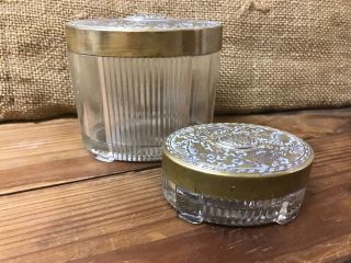 2 Art Deco Oval Glass Vanity Jars Canisters With Brass Ornate Floral Dsgned Lid