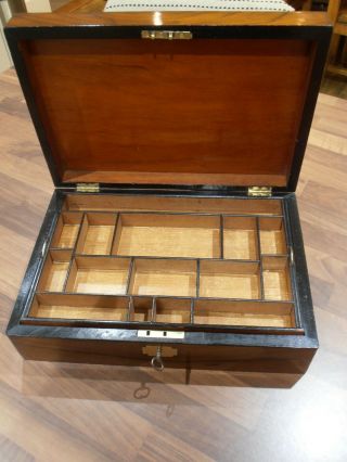 Large Antique Victorian Walnut Workbox with inner tray,  lock & key 6
