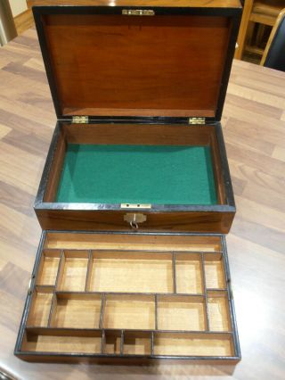 Large Antique Victorian Walnut Workbox with inner tray,  lock & key 7