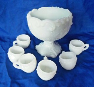Miniature Milk Glass Punch Bowl & Cups Set C1910 Wild Rose Pattern