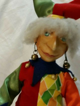 Vintage Hand Painted 15 " Tall Mischievous Court Jester Clown Doll Rare Face