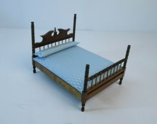 Vintage 4 Poster Bed Wood Dollhouse 1:12 Scale Miniature Blue Wooden