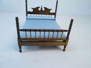 Vintage 4 Poster Bed Wood Dollhouse 1:12 Scale Miniature Blue Wooden 2