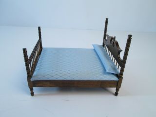 Vintage 4 Poster Bed Wood Dollhouse 1:12 Scale Miniature Blue Wooden 3