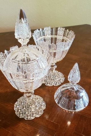 Antique Brilliant Cut Glass Pedestal Large Candy Dishes With Lids