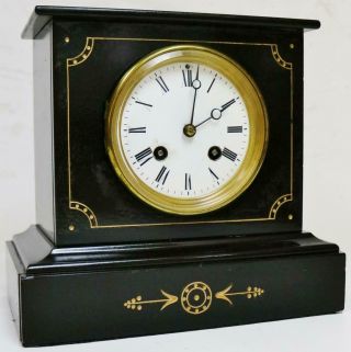 Antique French 8 Day Slate Marble Bell Striking Mantel Clock Engraved Decoration
