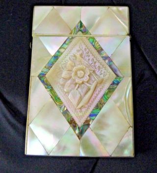 Calling Card Case Antique Mother Of Pearl Abalone Shell Carved Bird Floral Tlc