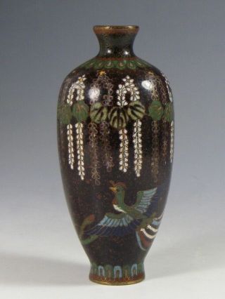 Antique Japanese Cloisonne Enamel Vase With Phoenix And Wisteria