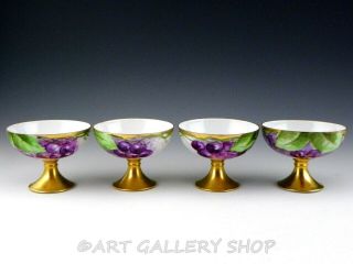 Antique Royal Austria O & E.  G.  Handpainted Grapes Gold Footed Punch Cups Set 4