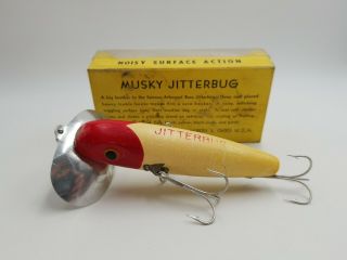 Vintage Fred Arbogast Wooden Musky Jitterbug Fishing Lure Red Head & White