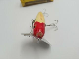 Vintage Fred Arbogast Wooden Musky Jitterbug Fishing Lure Red Head & White 4