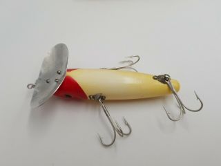 Vintage Fred Arbogast Wooden Musky Jitterbug Fishing Lure Red Head & White 7