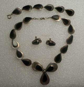 Vintage Antique Sterling Silver 925 Black Onyx Necklace Bracelet & Earring Set