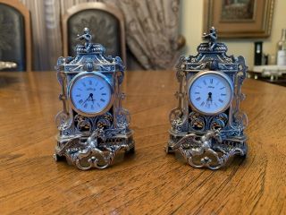 Pair Lovely Decorative Marked Spanish Sterling Silver 925 Desk Clock.