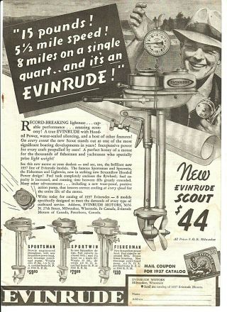Vintage 1937 Evinrude Scout $44 Fishing Motor Full - Page Advertisement