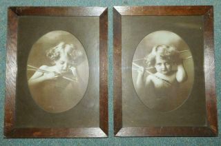 P20 Art Nouveau C1900s Cupid Awake & Asleep Oak Framed Photographs