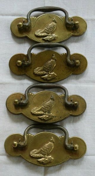 Set Of 4 Antique Vintage Quail,  Bird Brass Drawer Pulls