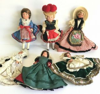 6 Vintage German French Celluloid Dolls Molls Trachten Puppen Poupees Magali