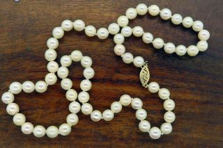 Vintage 14k Gold 18 " Antique 6mm Cream White Pearl Necklace Filigree Lock
