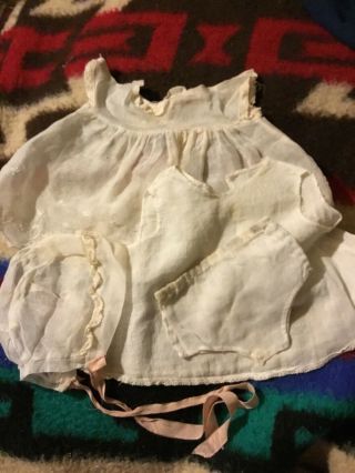 Vintage Antique Doll Clothes Dress Bonnet Slip Panties 4 Piece Set
