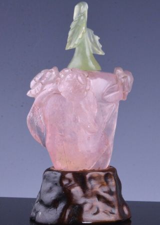 Antique 19thc Chinese Carved Rose Quartz Rock Crystal Gourd Form Snuff Bottle