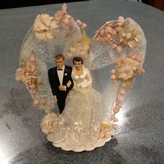Antique Wedding Cake Topper Vintage Heart Bride Groom Lace Flowers
