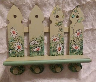 Whimsical Hand Painted Picket Fence Wall Shelf.  Shabby Chic Vintage 11 
